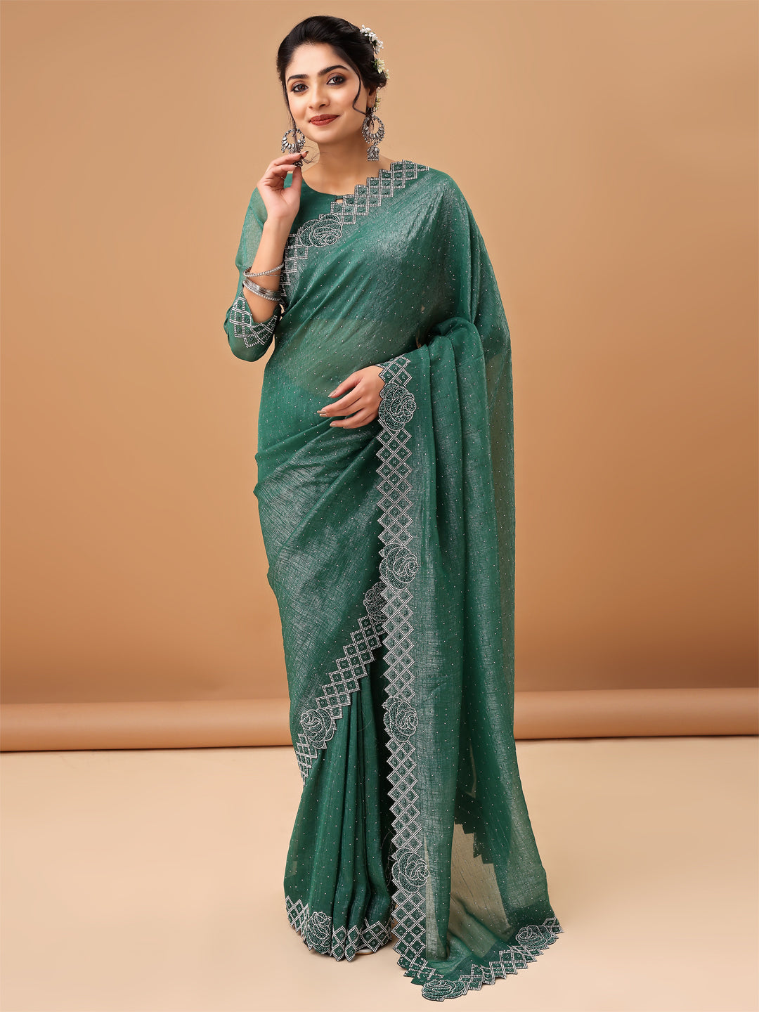 Emerald Peocock Green Sifon  Saree with Stylish Blouse