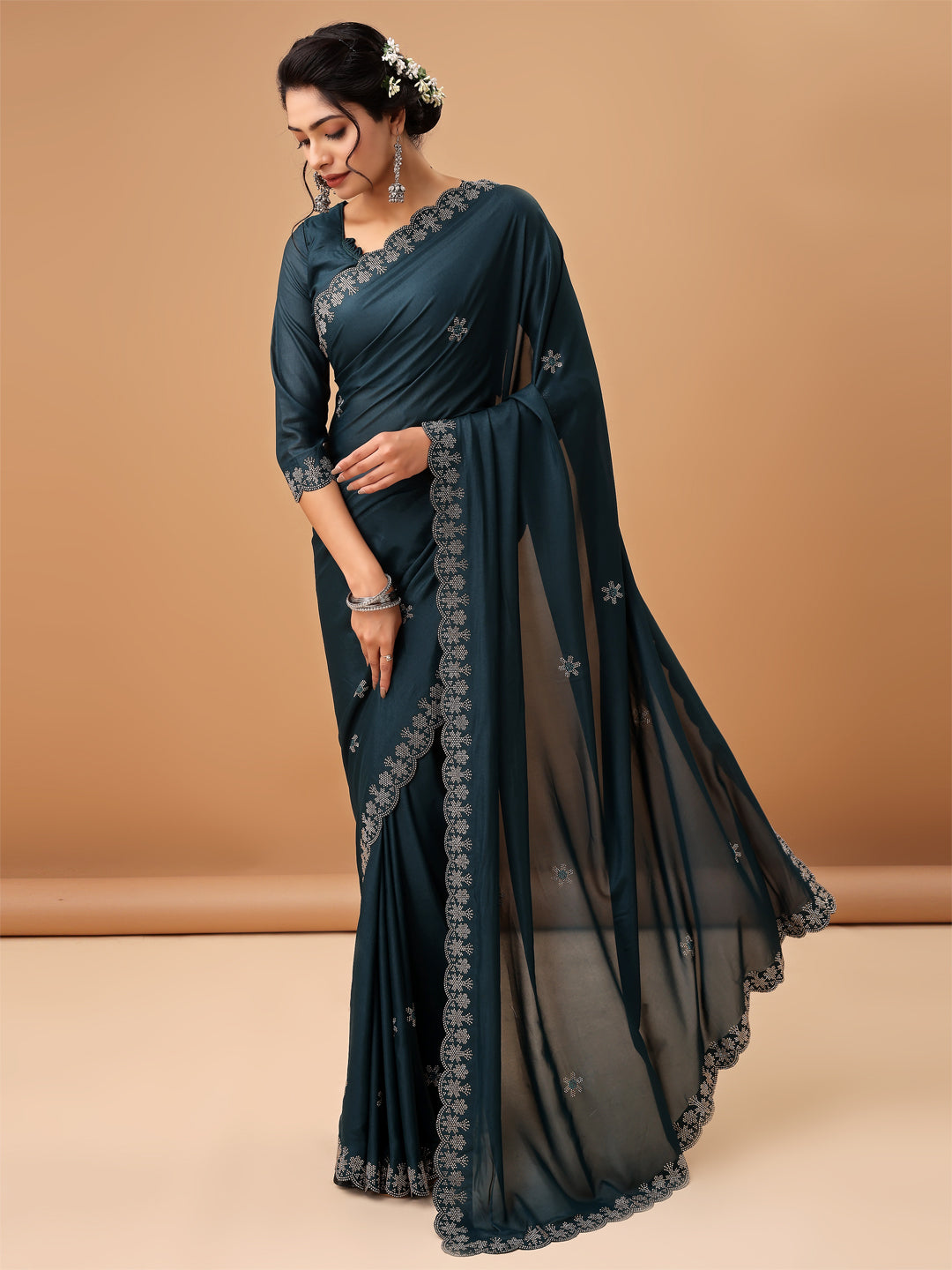 Elegant Teal Blue Georgettle Saree