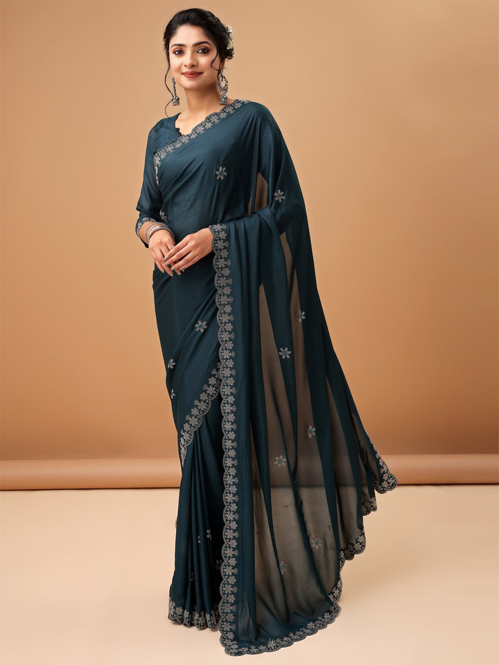 Elegant Teal Blue Georgettle Saree