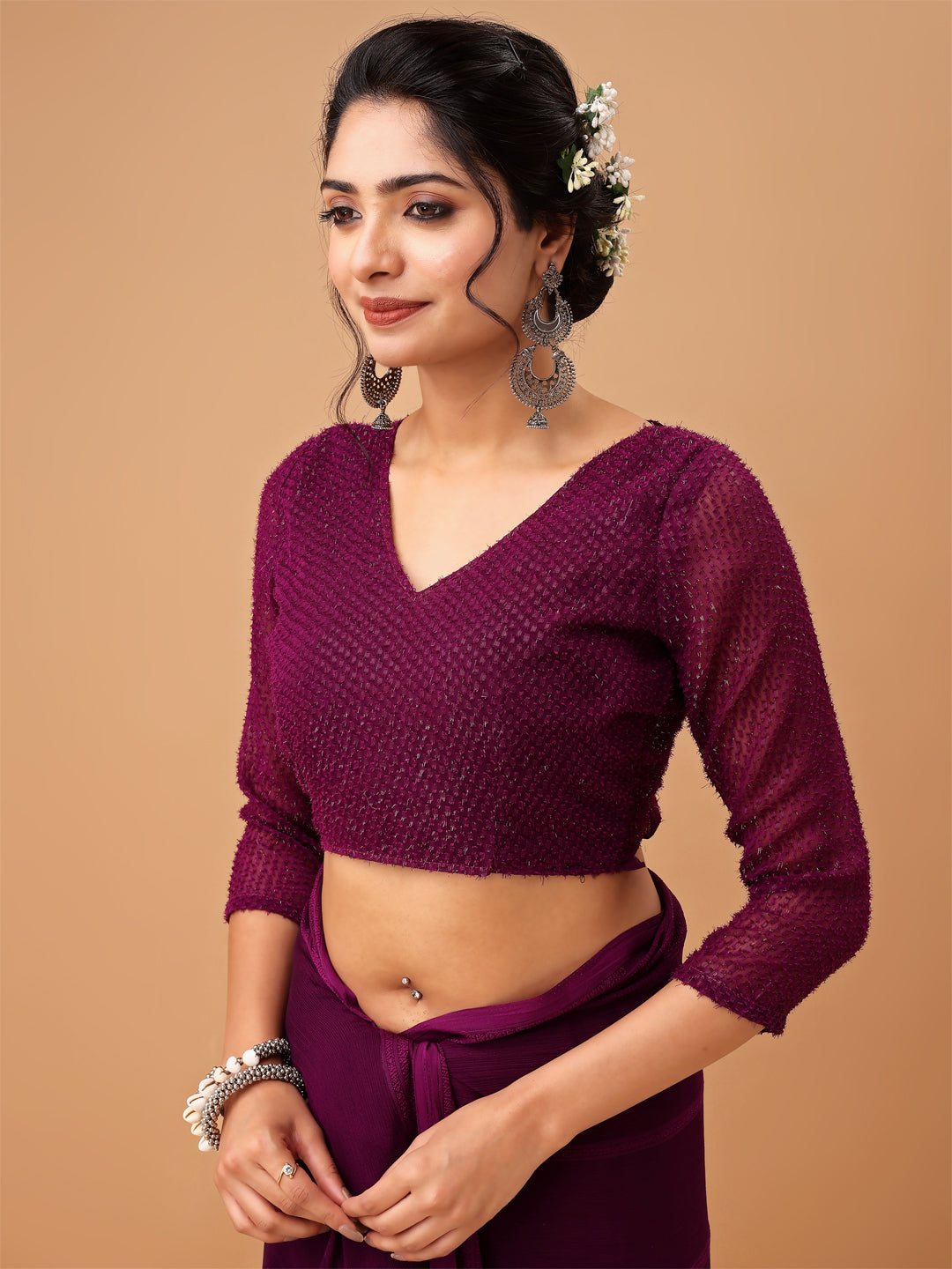 Deep Plum Georgette Saree with Textured Blouse