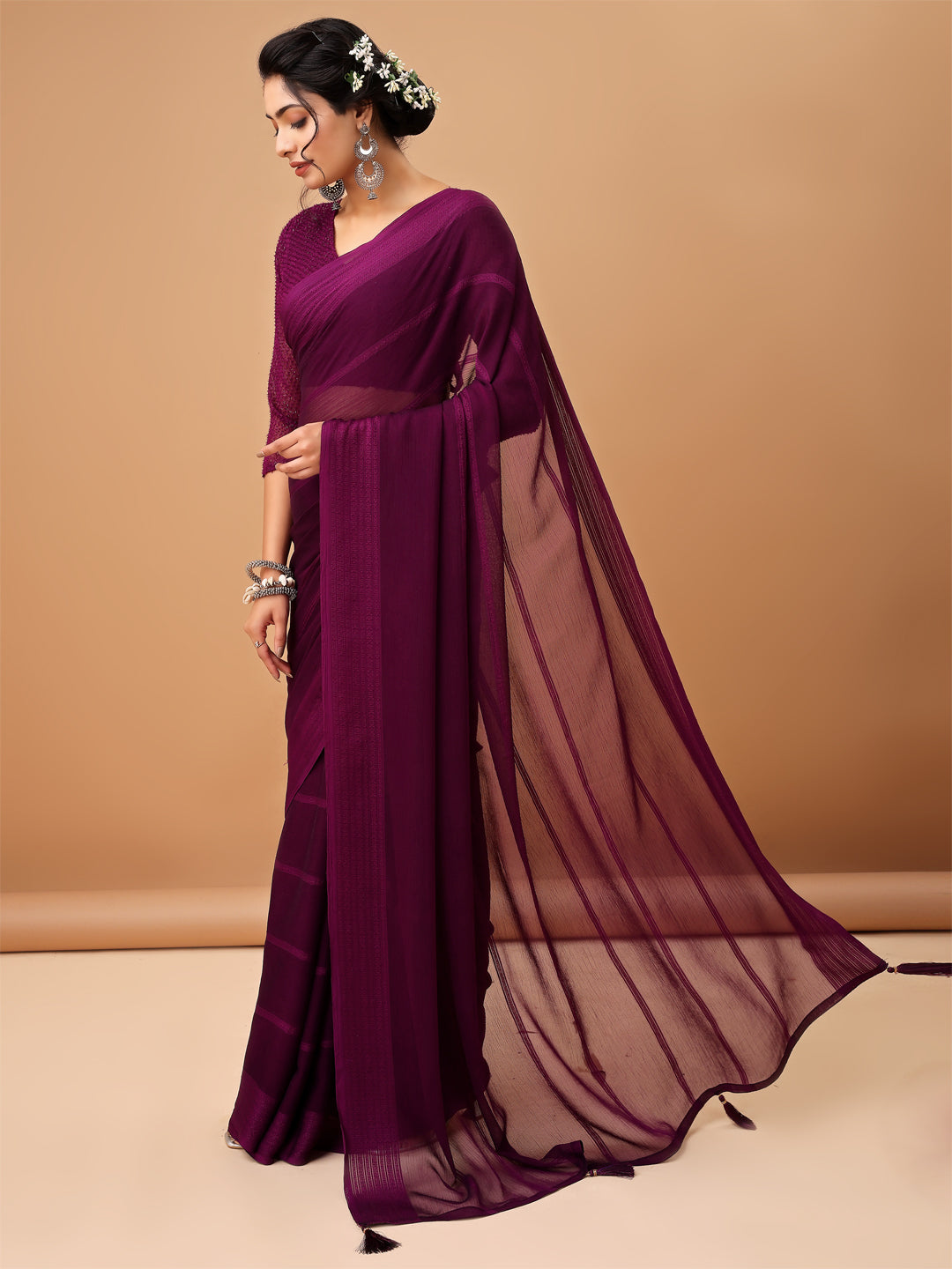 Deep Plum Georgette Saree with Textured Blouse