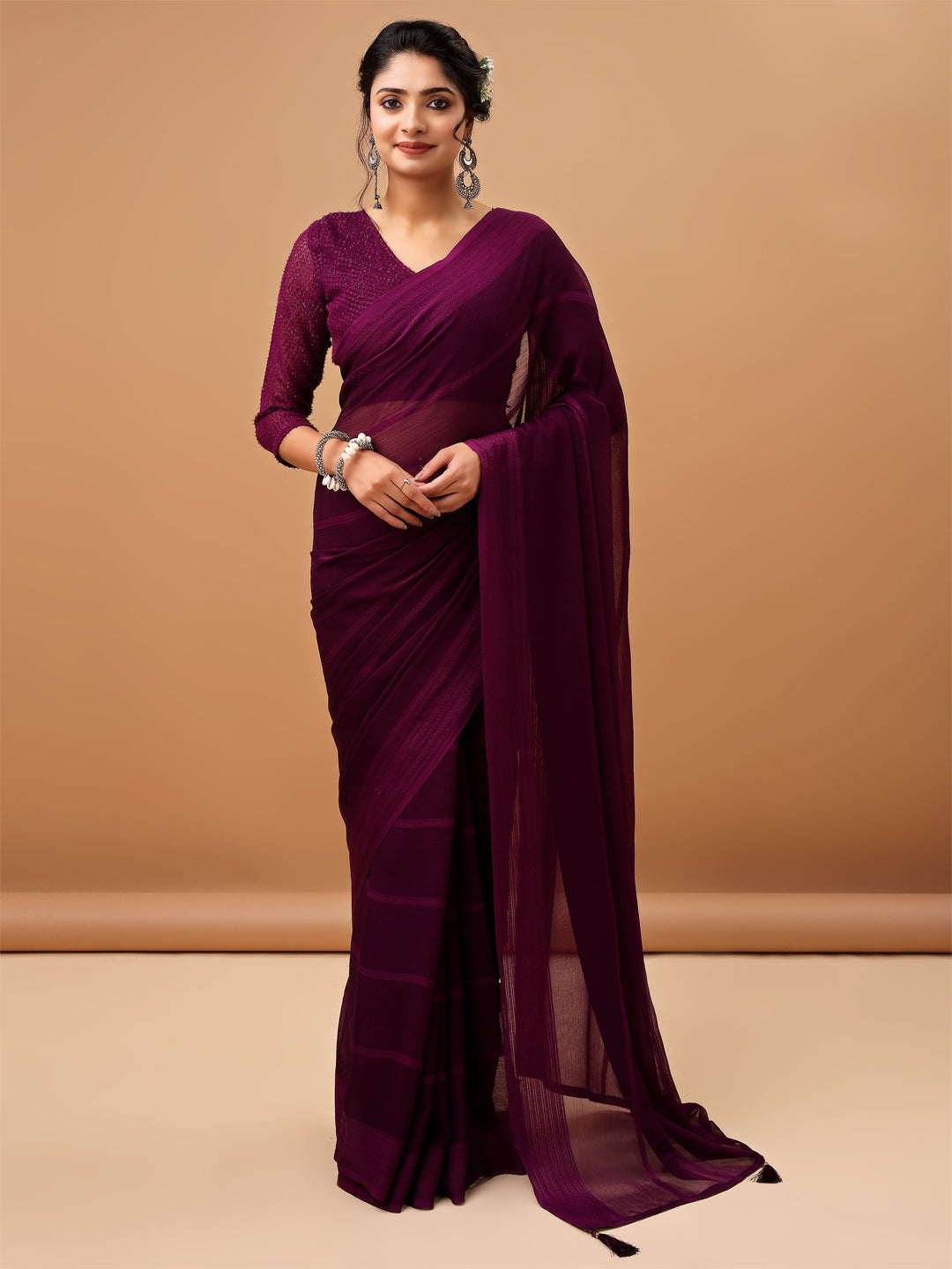 Deep Plum Georgette Saree with Textured Blouse