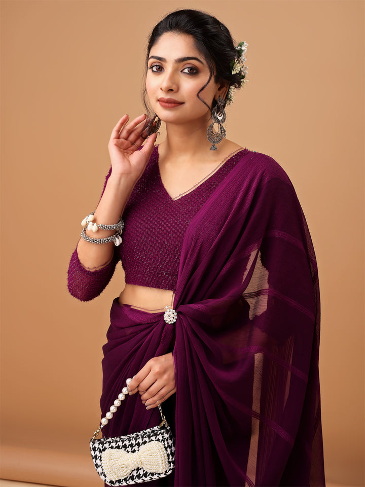 Deep Plum Georgette Saree with Textured Blouse