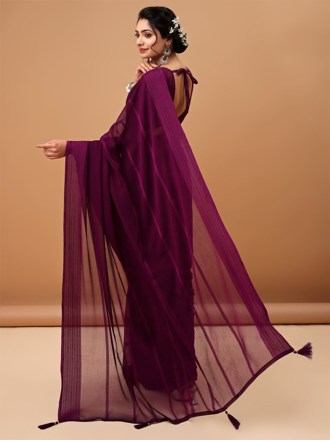 Deep Plum Georgette Saree with Textured Blouse