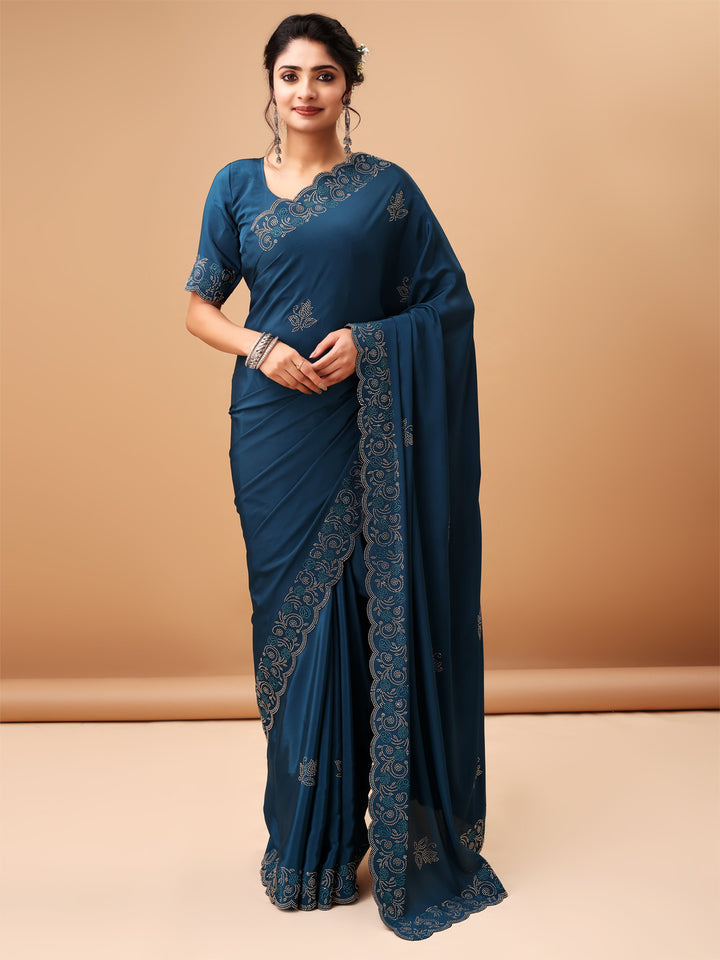 Elegant Air Force Blue Saree Havy Siroski Diamond Border