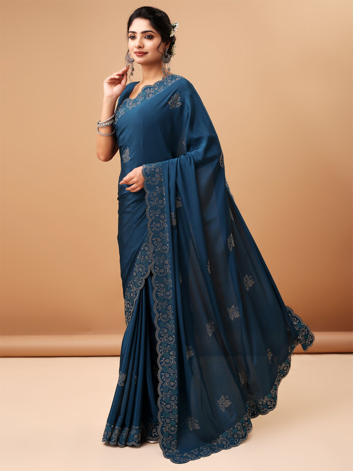 Elegant Air Force Blue Saree Havy Siroski Diamond Border