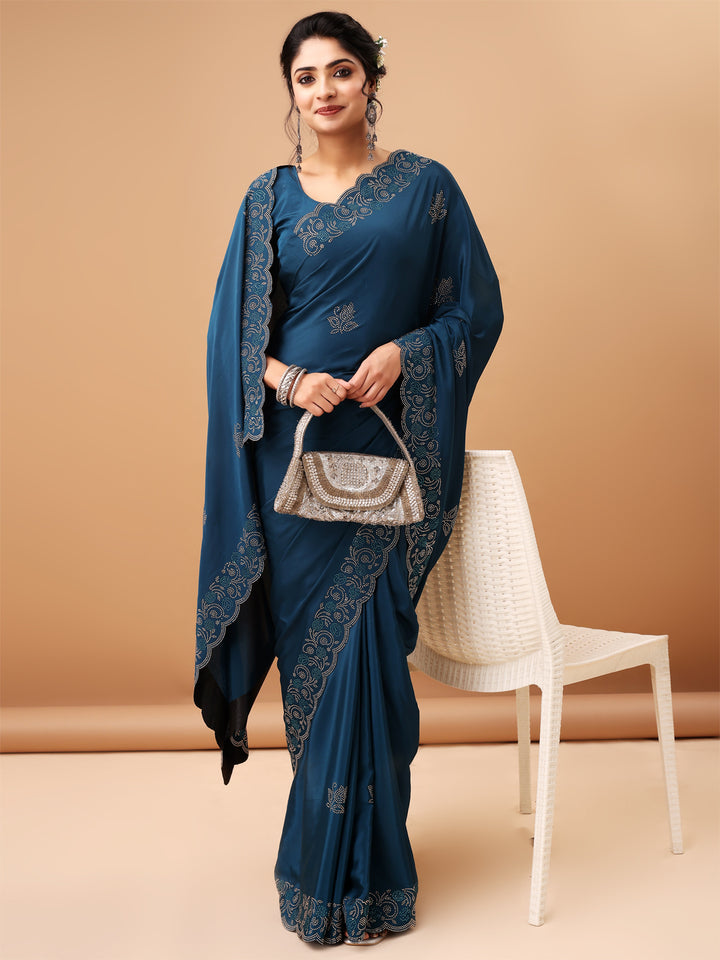 Elegant Air Force Blue Saree Havy Siroski Diamond Border