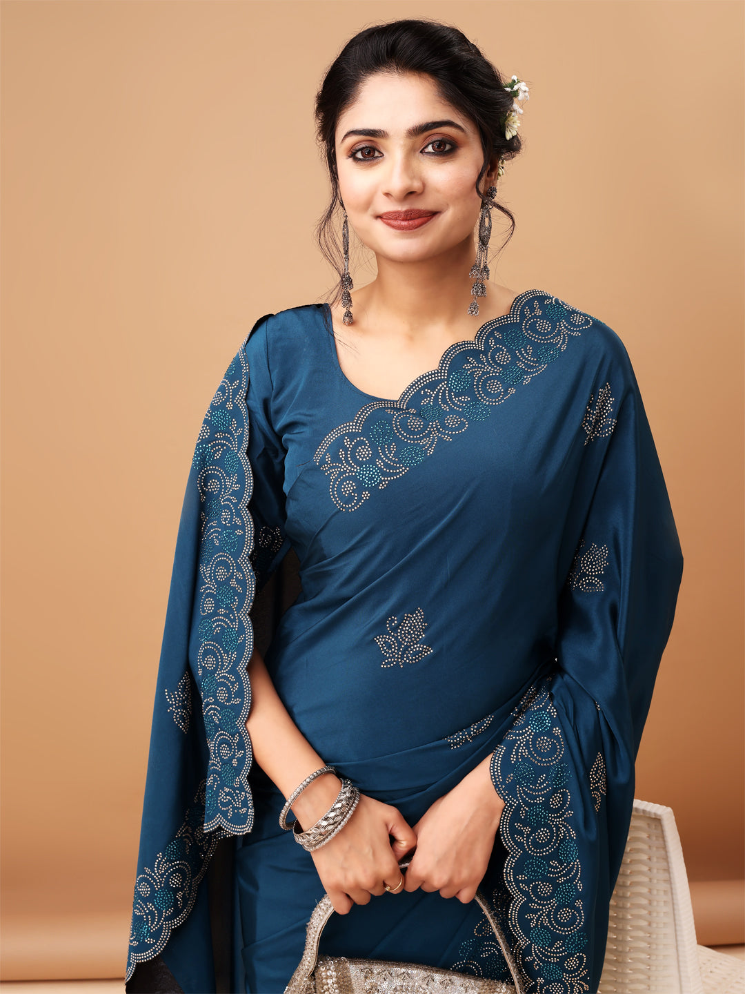 Elegant Air Force Blue Saree Havy Siroski Diamond Border