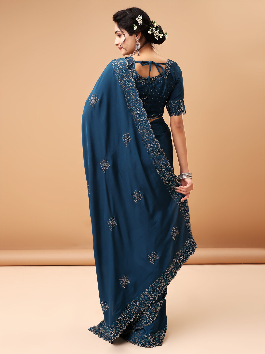 Elegant Air Force Blue Saree Havy Siroski Diamond Border