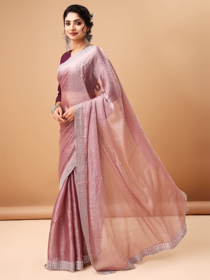 Elegant Plum Purple Blouse with Jimmy choo Light Rose Saree