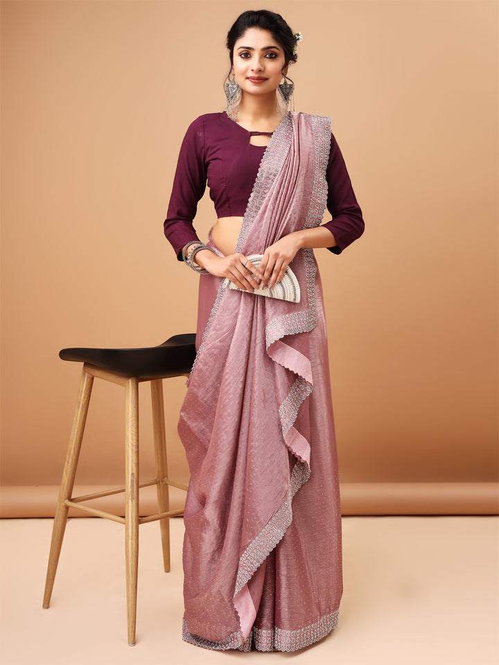 Elegant Plum Purple Blouse with Jimmy choo Light Rose Saree