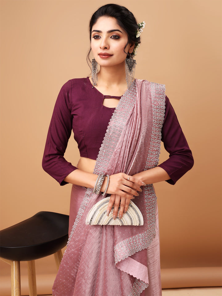 Elegant Plum Purple Blouse with Jimmy choo Light Rose Saree