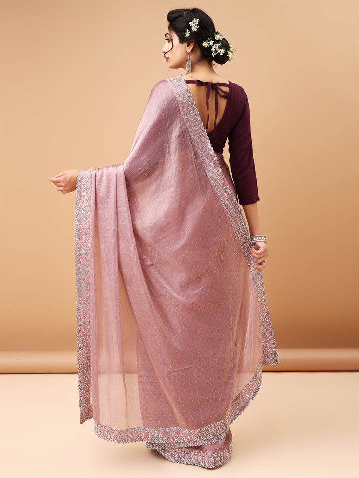 Elegant Plum Purple Blouse with Jimmy choo Light Rose Saree