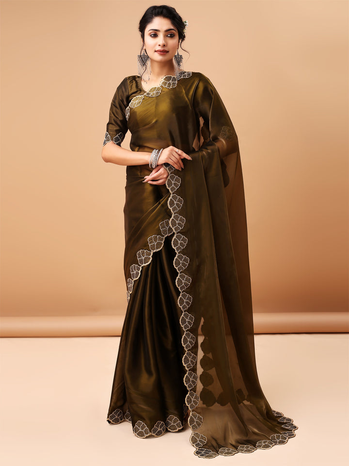 Designer Olive Green Jimmy choo Saree