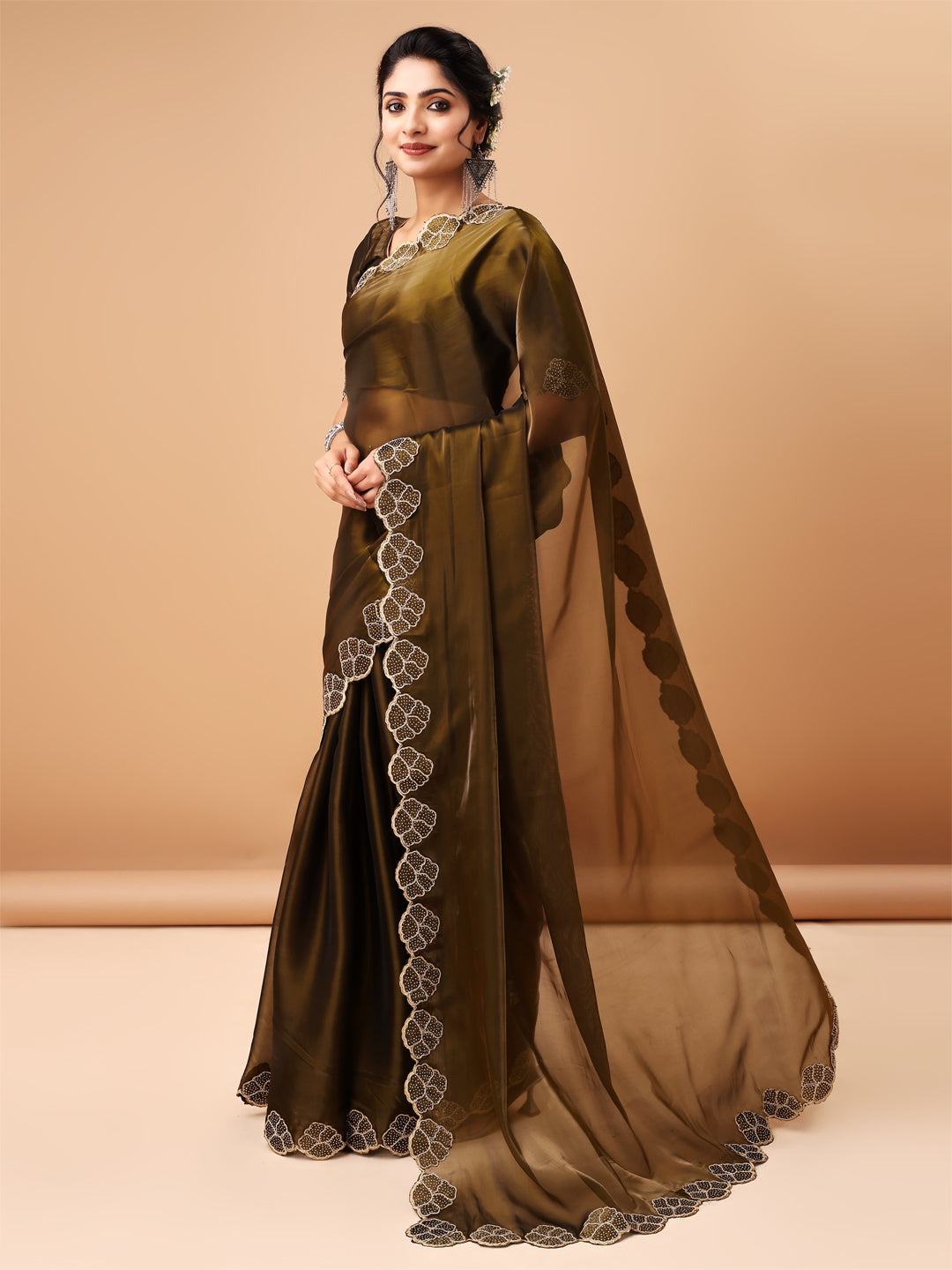 Designer Olive Green Jimmy choo Saree