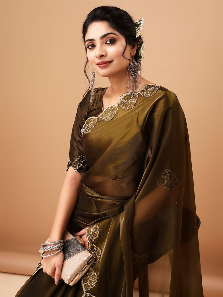 Designer Olive Green Jimmy choo Saree