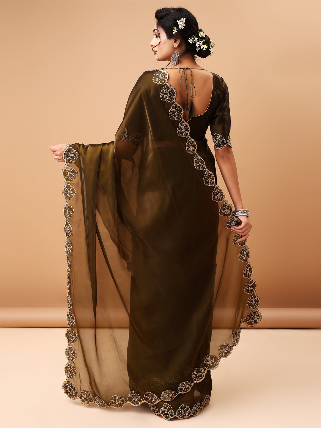 Designer Olive Green Jimmy choo Saree