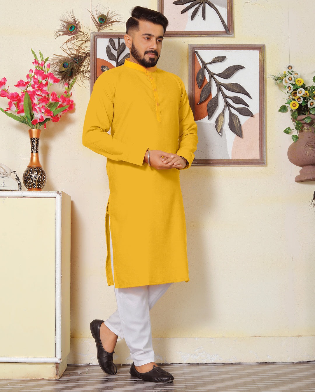 Archittam  Yellow Cotton Dobby Slim Fit Long Kurta