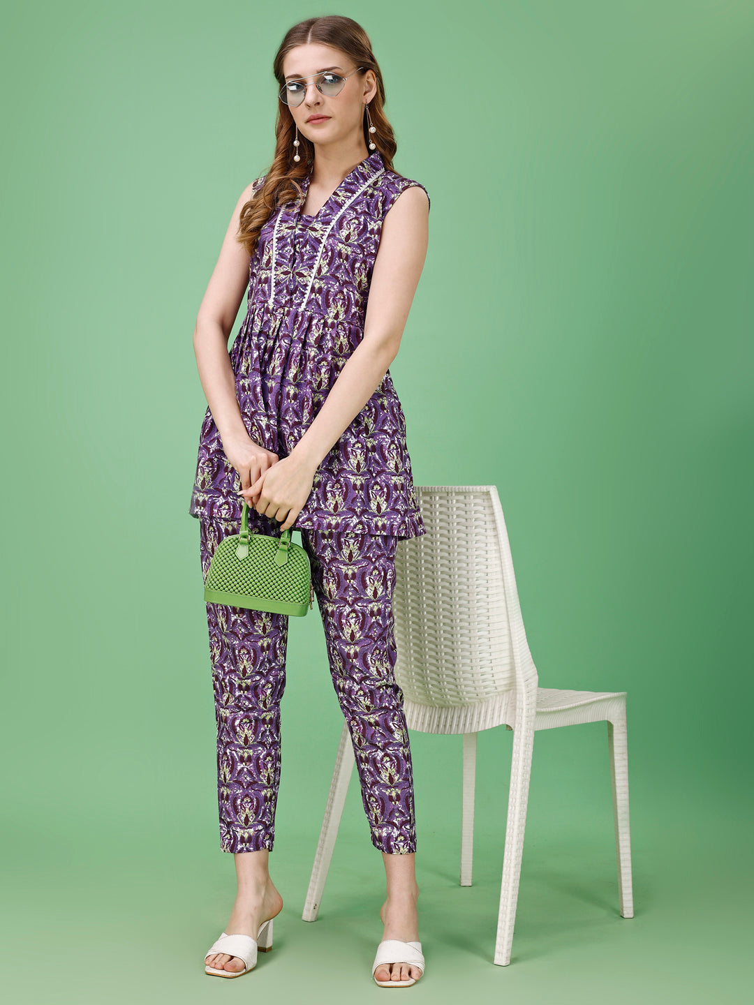 Purple Printed V-Neck Top With Trouser Co-Ords