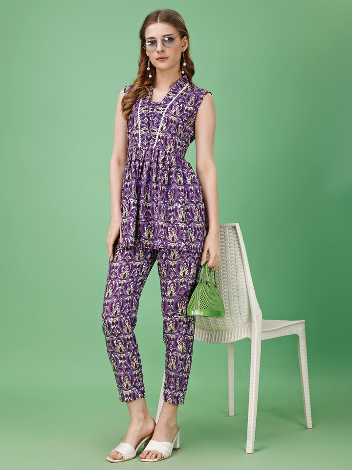 Purple Printed V-Neck Top With Trouser Co-Ords
