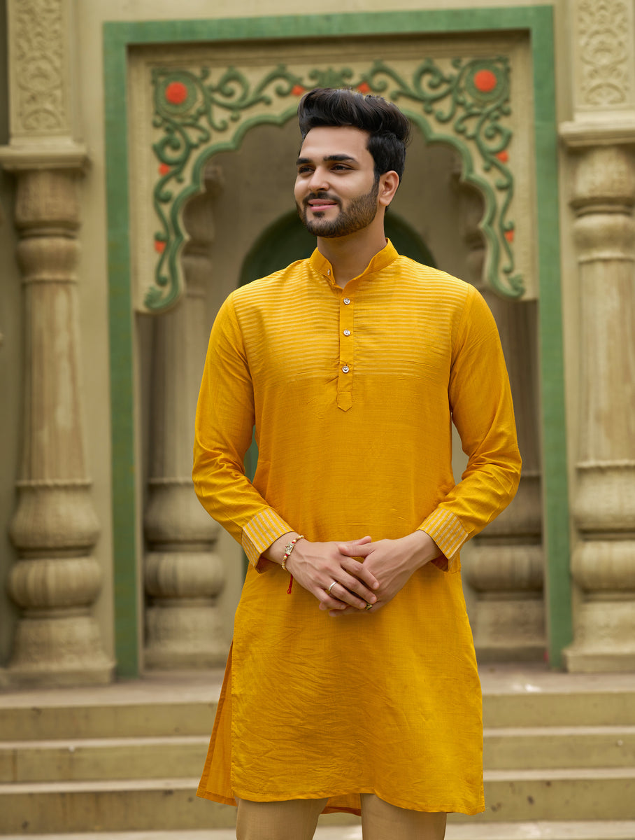 Traditional Men Silk Yellow Kurta with Pajama – Archittam Fashion