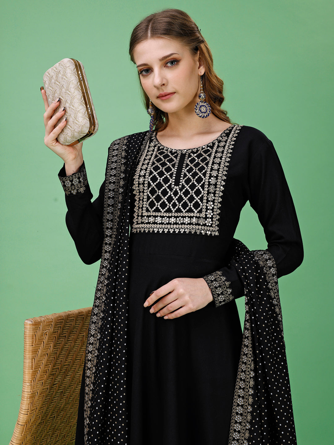 Rayon Navy Blue Kurti Palazzo and Dupatta Set with Intricate Details