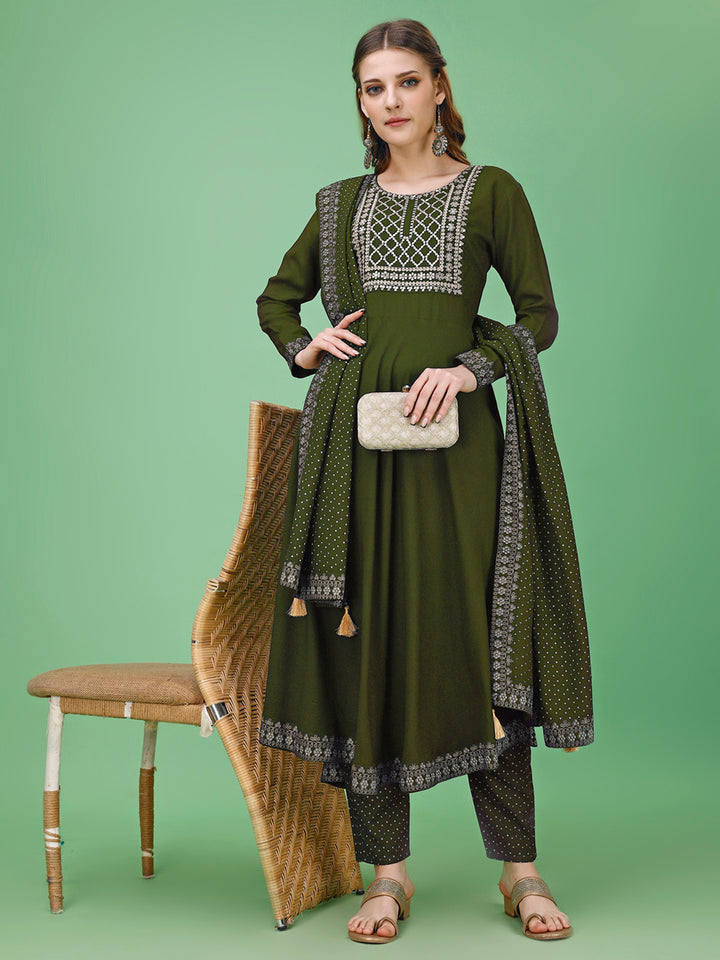 Rayon Navy Blue Kurti Palazzo and Dupatta Set with Intricate Details