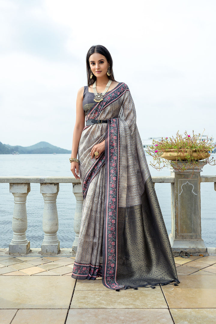 Grey Soft Tussar Silk With Beautiful Patola Print Saree