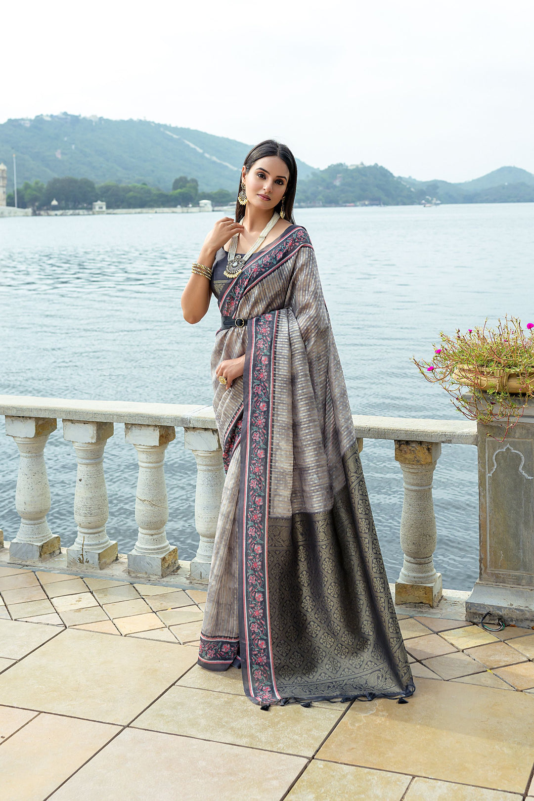 Grey Soft Tussar Silk With Beautiful Patola Print Saree