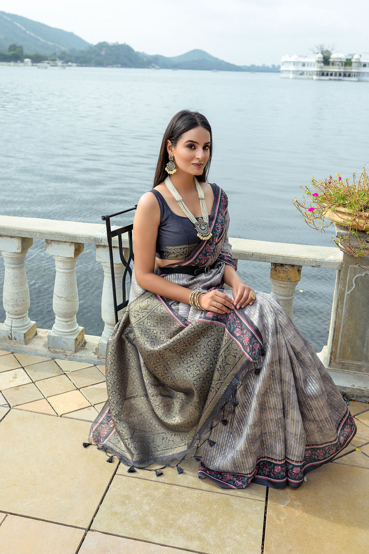 Grey Soft Tussar Silk With Beautiful Patola Print Saree