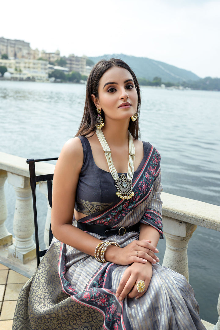 Grey Soft Tussar Silk With Beautiful Patola Print Saree