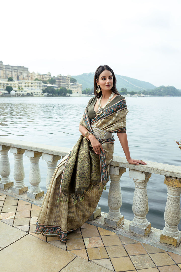 Mahendi  Soft Tussar Silk With Beautiful Patola Print Saree