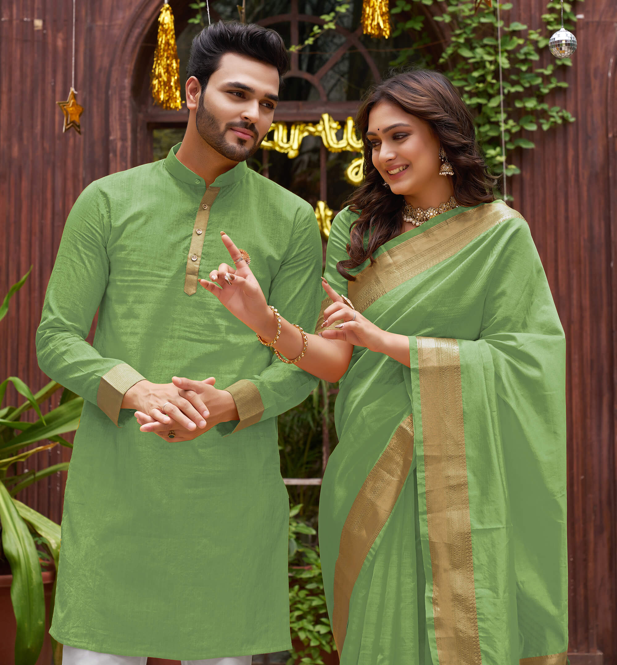 Mehndi Green Couple Matching Dress Orgenza silk Saree Kurta Pyjama Archittam Fashion