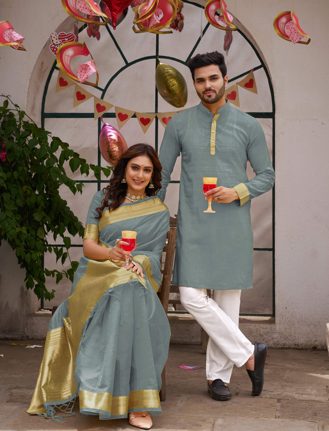 Cutie Grey Couple Matching Dress Orgenza silk Saree & Kurta