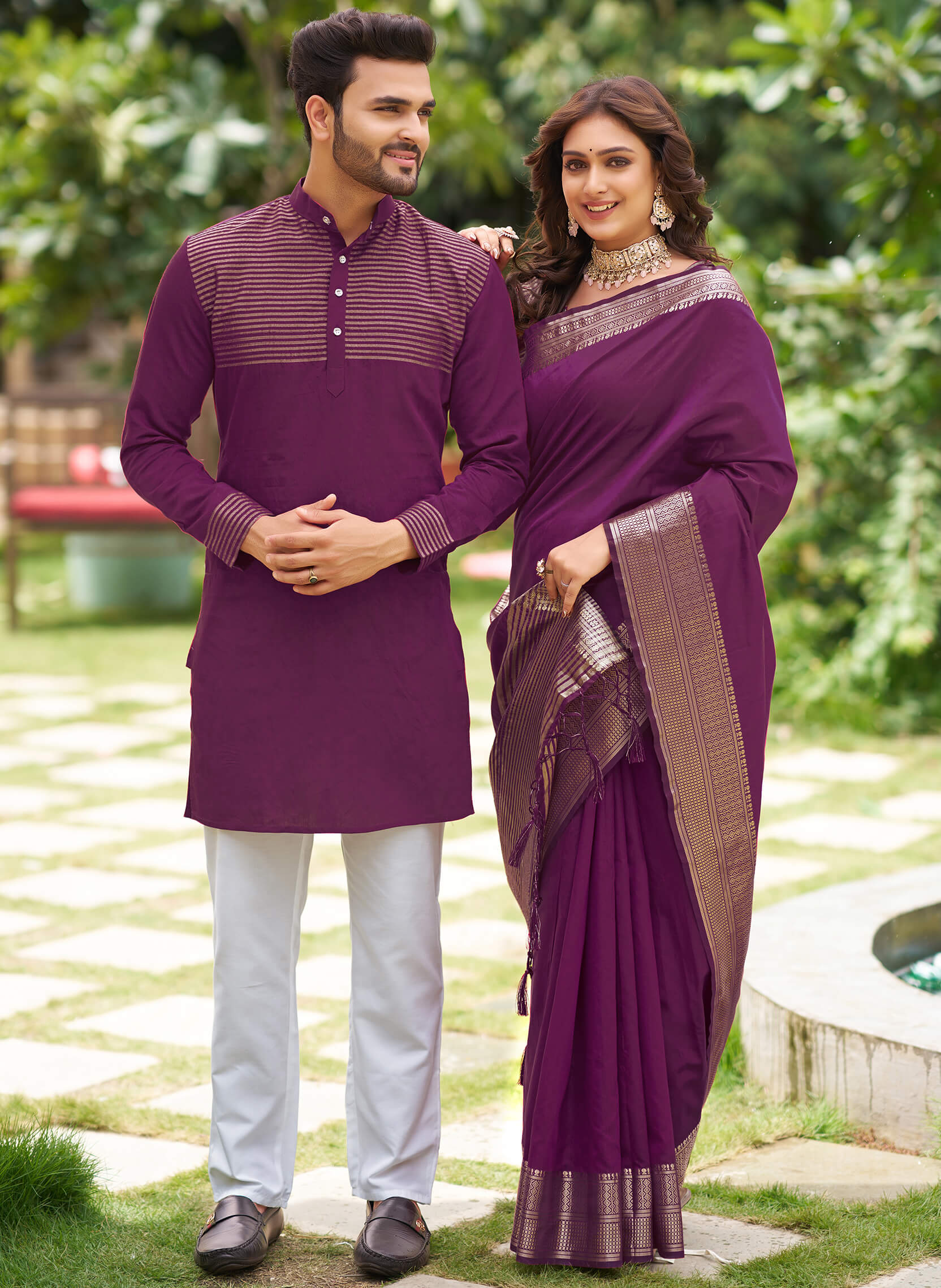 Trendy Couple Set Women's Sarees and Men's Handloom Pure Cotton Matching  Combo Couple Dress Saree and Kurta with Blouse Piece.