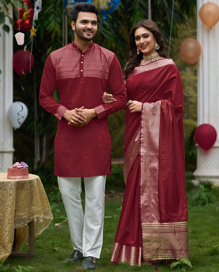 Rose Maroon Couple set Matching Dress Silk Saree and Kurta