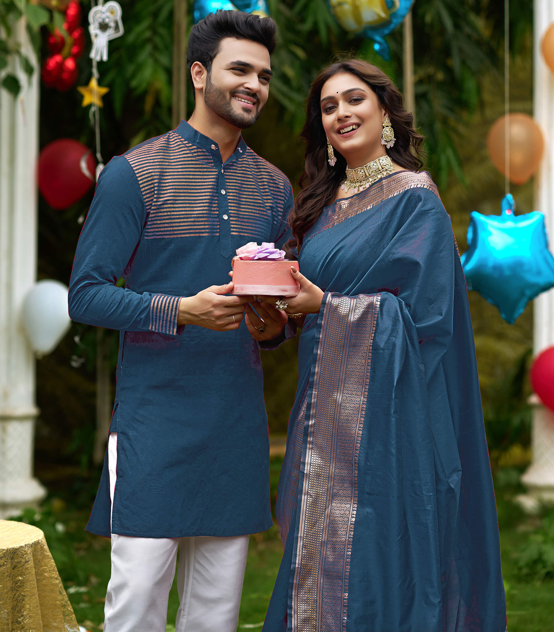 Buy Dheu Sea Blue & Royal Blue Handloom Cotton Silk Saree & Kurta Festive Couple  Set- (Size- S) Online at Best Prices in India - JioMart.