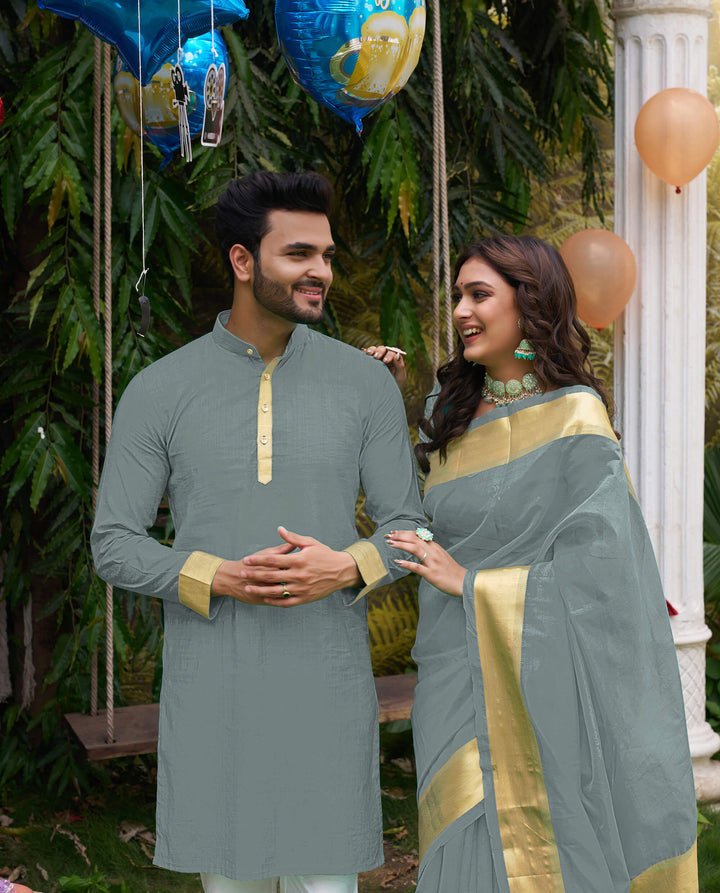 HunnyBunny Grey Couple Dress Orgenza silk Saree & Kurta