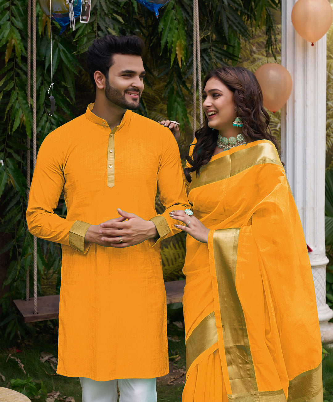 HunnyBunny Haldi Yellow Couple Dress Orgenza silk Saree & Kurta