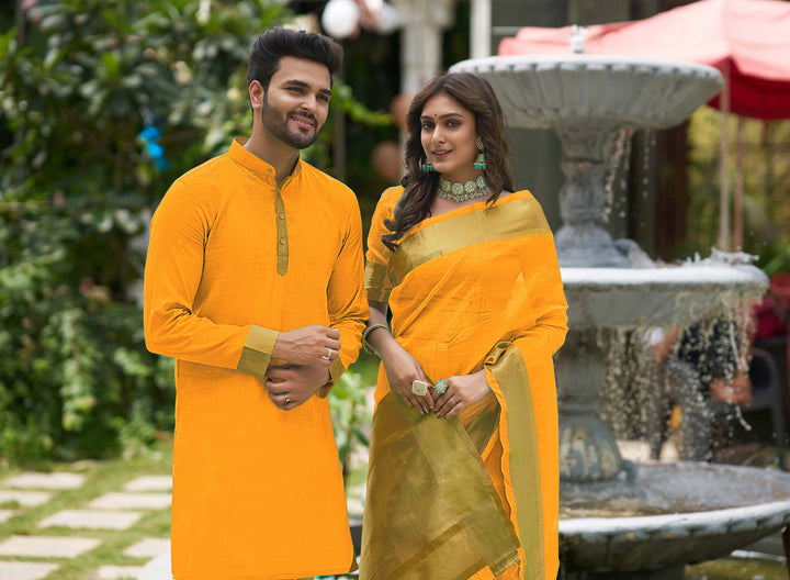 HunnyBunny Haldi Yellow Couple Dress Orgenza silk Saree & Kurta