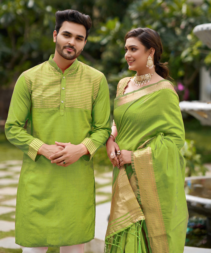 Princy Mehndi Green Couple Dress Silk Saree & Kurta