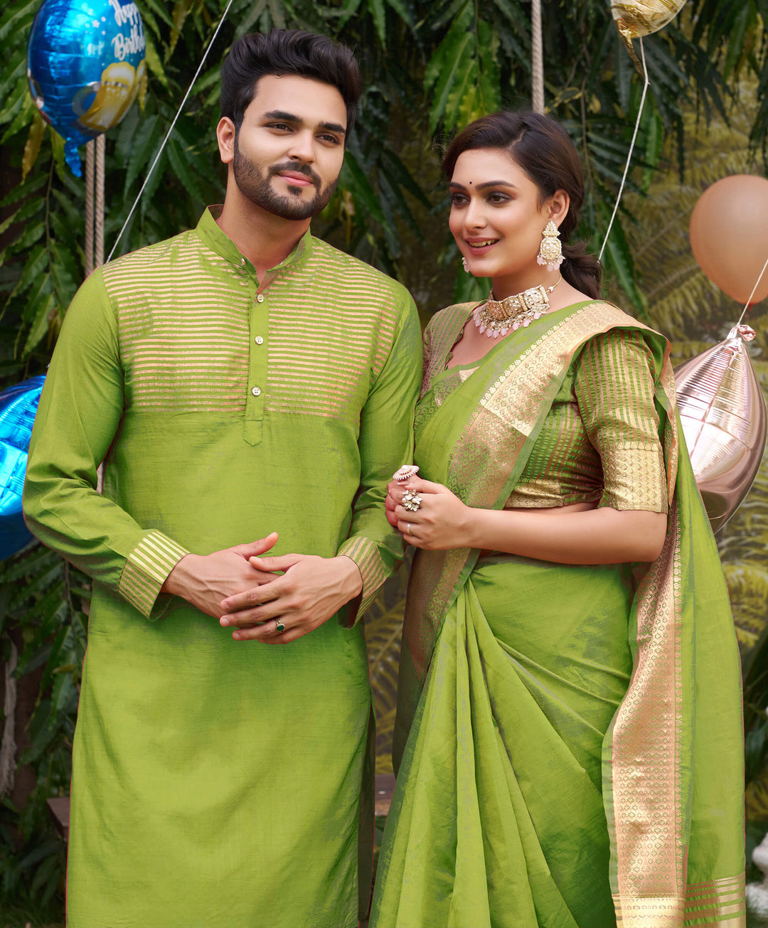 Princy Mehndi Green Couple Dress Silk Saree & Kurta