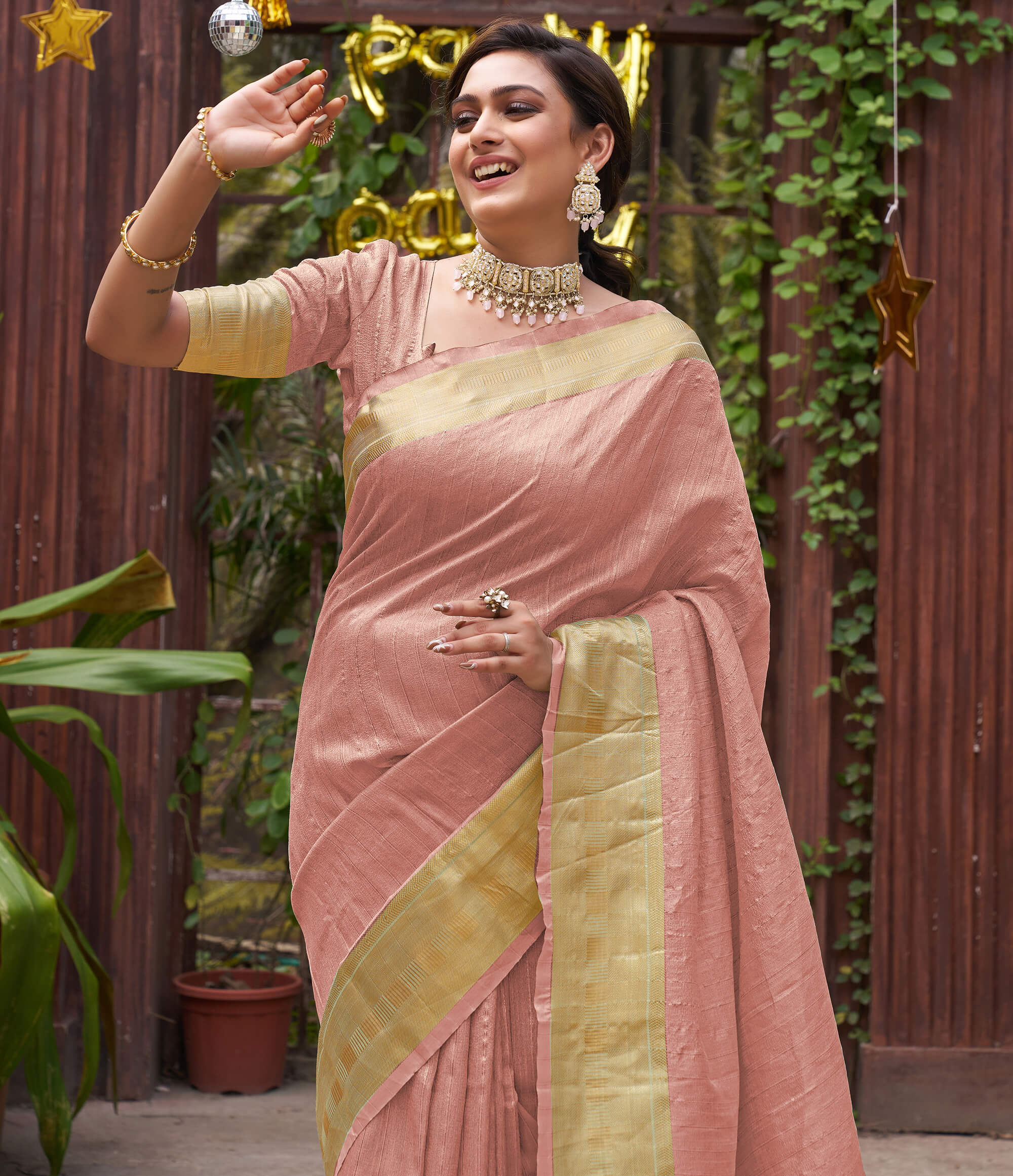 Chanderi Peach Saree With Blouse-Set of 2 – Kamakhyaa