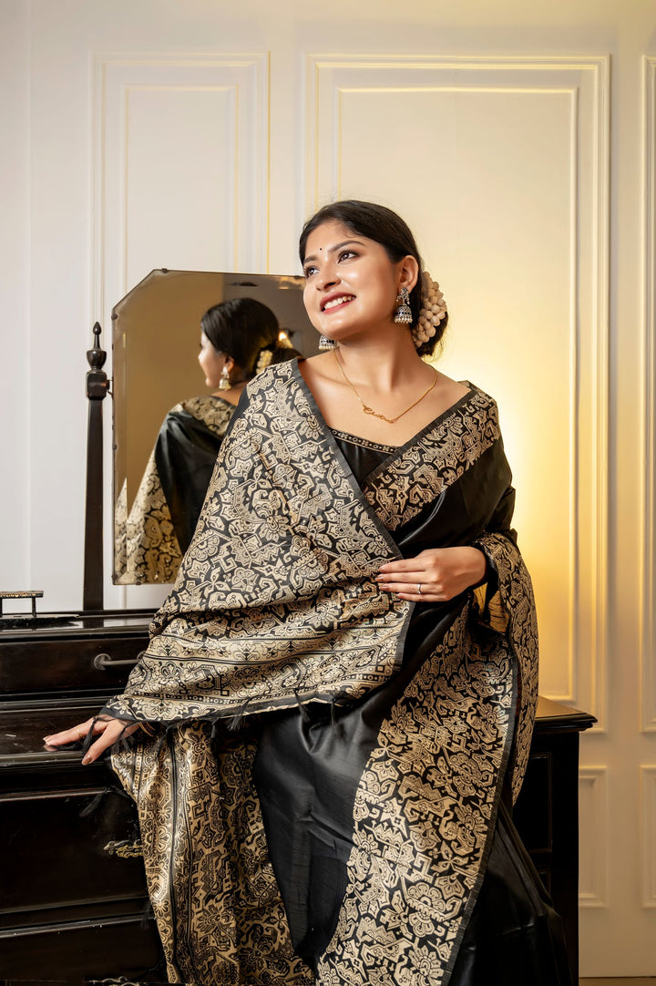 Black Handloom Raw Silk Saree