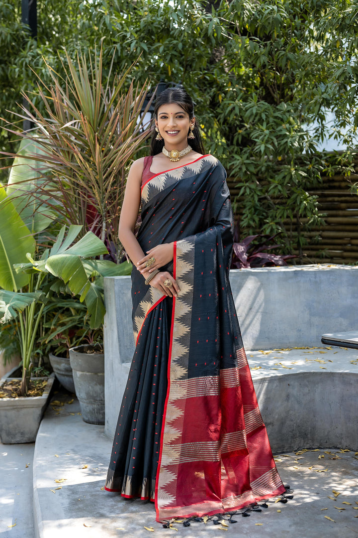 Tussar silk Bandhani Style Black Saree