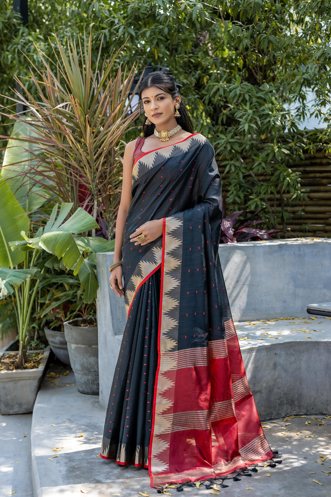 Tussar silk Bandhani Style Black Saree