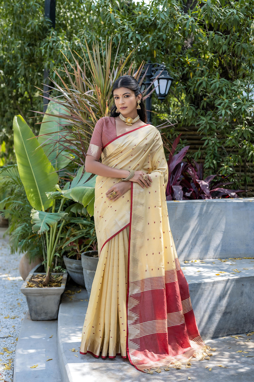 Tussar silk Bandhani Style Cream Saree