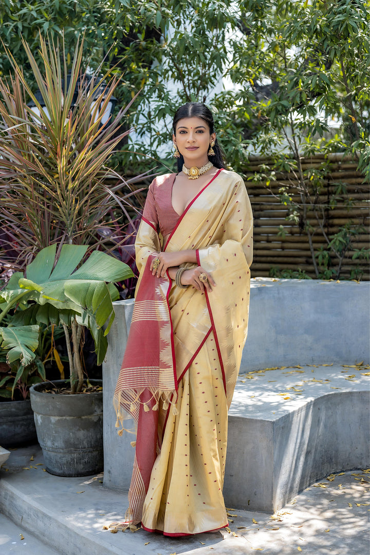 Tussar silk Bandhani Style Cream Saree