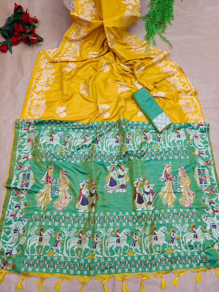 Yellow & Light Green Soft Raw Silk Two Tone Saree