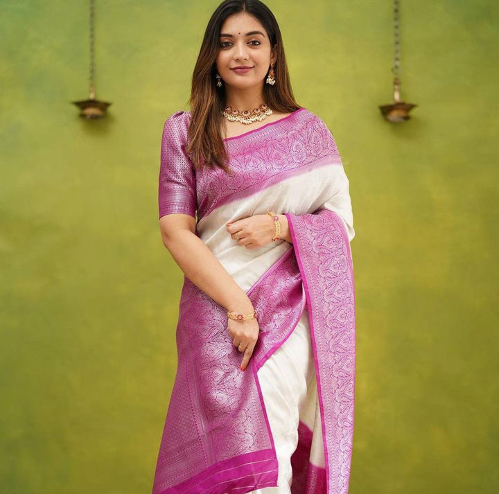 Elegant White and Pink Silk Saree with Intricate Banarasi Border